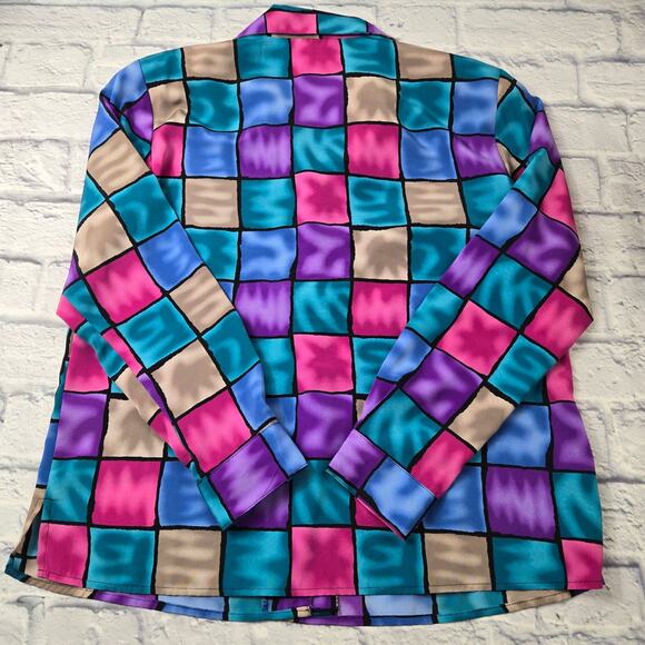 VTG Notations Blouse Shacket Multicolored Liquid Checkered Button Front Size Lrg - Picture 13 of 15